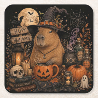 Cute Witch Capybara Halloween Square Paper Coaster