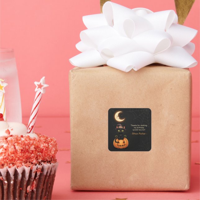 Cute Witch Cat and Pumpkin Birthday Square Sticker (Party)