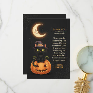 Cute Witch Cat and Pumpkin Birthday Thank You Card