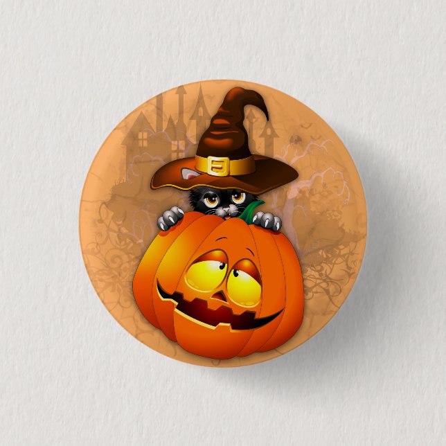 Cute Witch Cat and Pumpkin Halloween Friends 3 Cm Round Badge (Front)