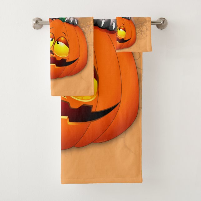 Cute Witch Cat and Pumpkin Halloween Friends Bath Towel Set (Insitu)