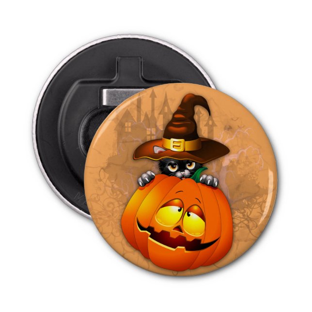 Cute Witch Cat and Pumpkin Halloween Friends Bottle Opener (Front)