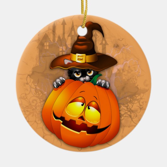 Cute Witch Cat and Pumpkin Halloween Friends Ceramic Ornament (Front)