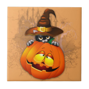 Cute Witch Cat and Pumpkin Halloween Friends Ceramic Tile