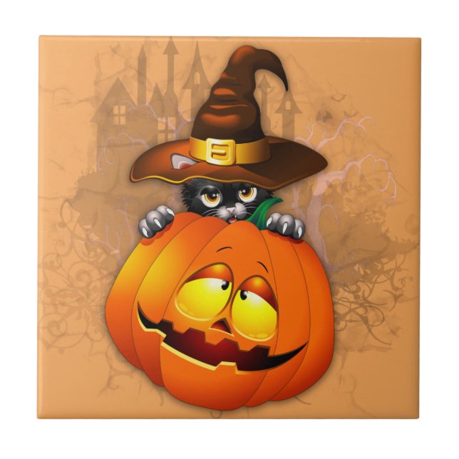 Cute Witch Cat and Pumpkin Halloween Friends Ceramic Tile (Front)