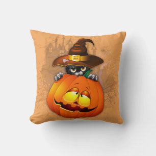 Cute Witch Cat and Pumpkin Halloween Friends Cushion