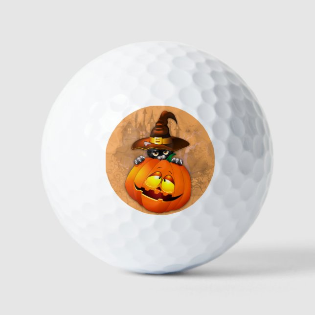 Cute Witch Cat and Pumpkin Halloween Friends Golf Balls (Front)