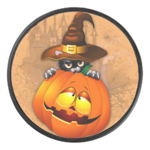 Cute Witch Cat and Pumpkin Halloween Friends Hockey Puck