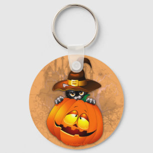 Cute Witch Cat and Pumpkin Halloween Friends Key Ring