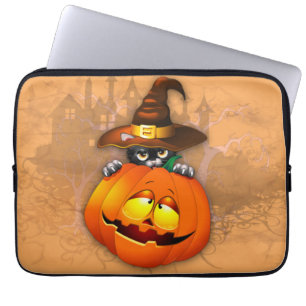 Cute Witch Cat and Pumpkin Halloween Friends Laptop Sleeve