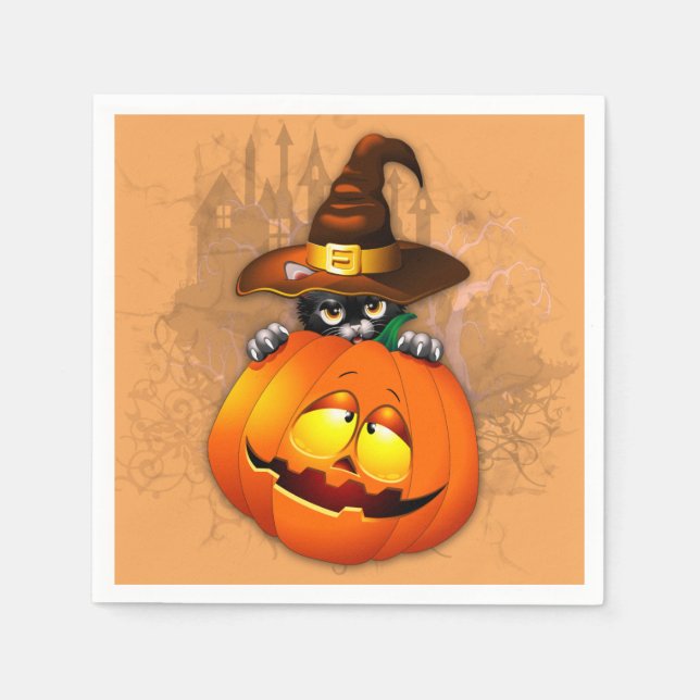 Cute Witch Cat and Pumpkin Halloween Friends Napkin (Front)