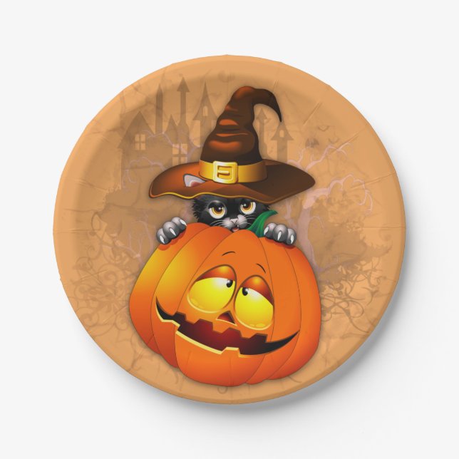 Cute Witch Cat and Pumpkin Halloween Friends Paper Plate (Front)