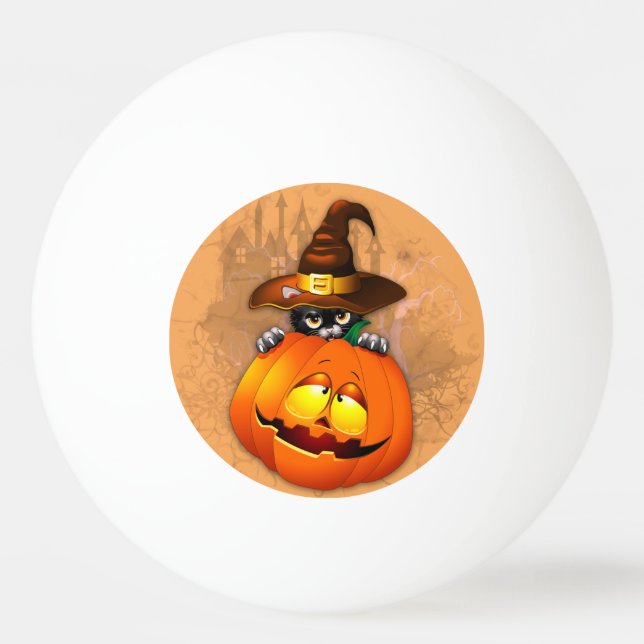 Cute Witch Cat and Pumpkin Halloween Friends Ping Pong Ball (Front)