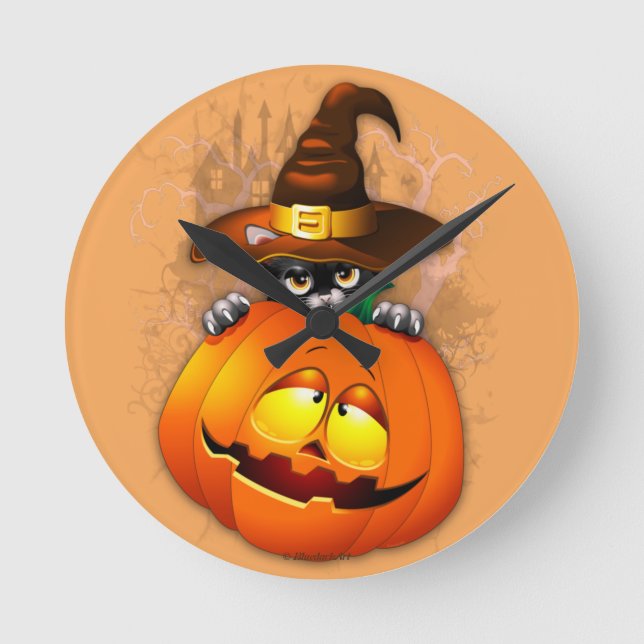 Cute Witch Cat and Pumpkin Halloween Friends Round Clock (Front)