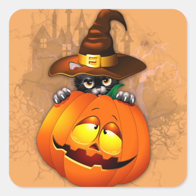 Cute Witch Cat and Pumpkin Halloween Friends Square Sticker (Front)