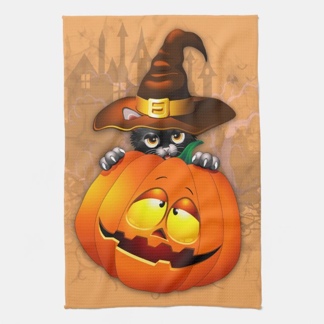 Cute Witch Cat and Pumpkin Halloween Friends Tea Towel (Vertical)