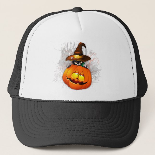 Cute Witch Cat and Pumpkin Halloween Friends Trucker Hat (Front)
