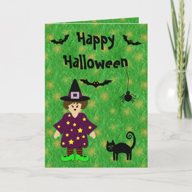 Cute Witch, Cat, Bats & Spider Halloween Card (Front)