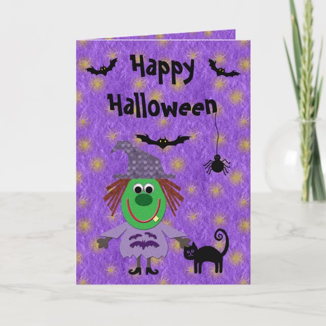 Cute Witch, Cat, Bats & Spider Purple Halloween Card (Front)