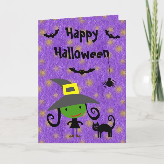 Cute Witch, Cat, Bats & Spider Purple Halloween Card (Front)