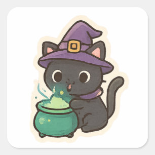 Cute Witch Cat Brewing Potion – Kawaii Halloween Square Sticker