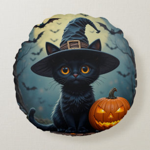 🧙‍♀️🐾 Cute Witch Cat Cosy Halloween Vibes ✨🎃 Round Cushion
