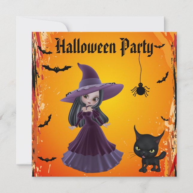 Cute Witch & Cat Halloween Party Invitation (Front)
