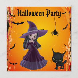 Cute Witch & Cat Halloween Party Invitation