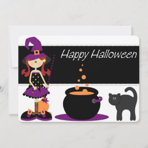 Cute Witch & Cat Kid's Halloween Party Invitation