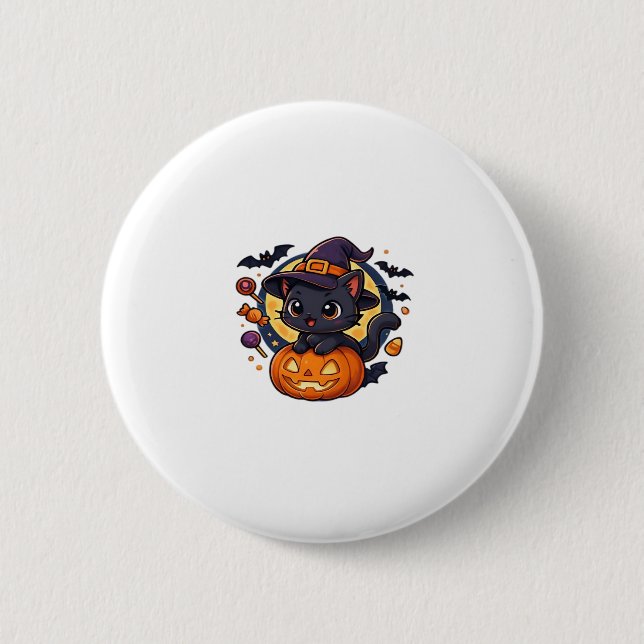 Cute Witch Cat on Pumpkin � Halloween Art Oversize 6 Cm Round Badge (Front)
