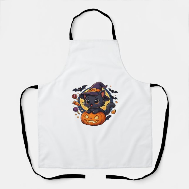 Cute Witch Cat on Pumpkin – Halloween Art Oversize Apron (Front)