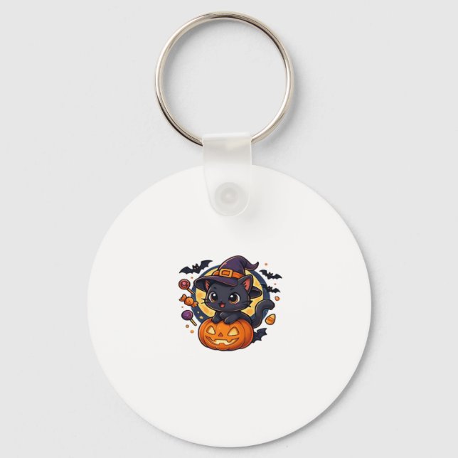 Cute Witch Cat on Pumpkin � Halloween Art Oversize Key Ring (Front)