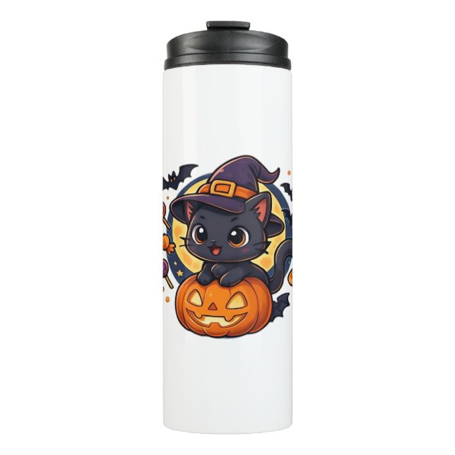 Cute Witch Cat on Pumpkin – Halloween Art Oversize Thermal Tumbler (Front)