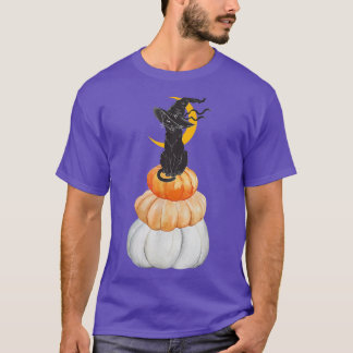 Cute Witch Cat On Pumpkin With Moon Behind Hallowe T-Shirt