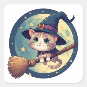 Cute Witch Cat Riding Broom Moonlight Theme 🎃 Square Sticker