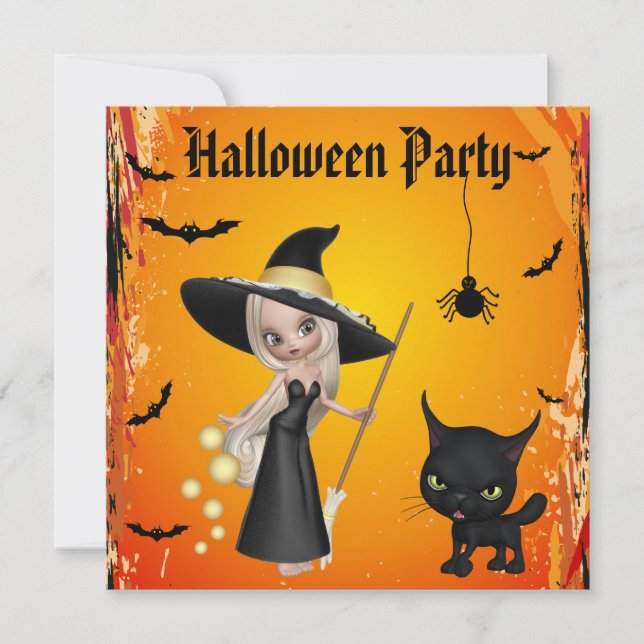 Cute Witch, Cat & Spider Halloween Party Invites (Front)