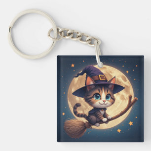 Cute Witch Cat Under Stars And Full Moon 🎃 Key Ring