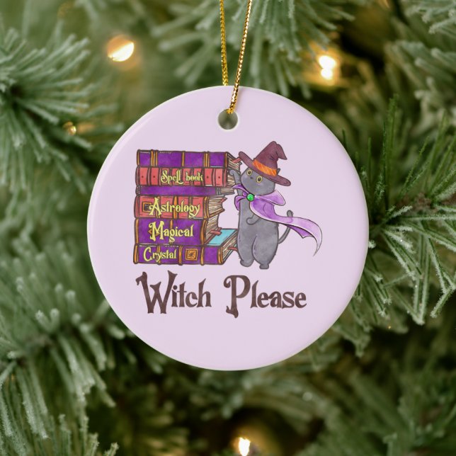 Cute Witch Cat with Books – “Witch Please” Ceramic Ornament (Tree)