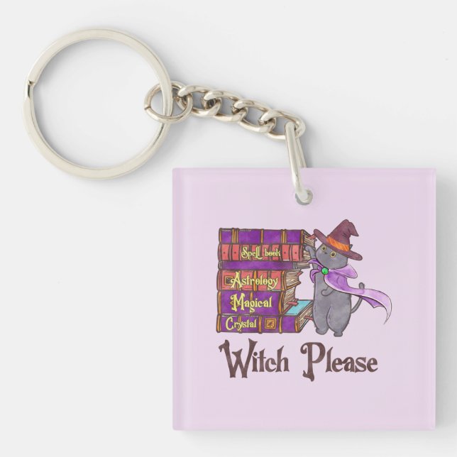 Cute Witch Cat with Books – “Witch Please” Key Ring (Front)