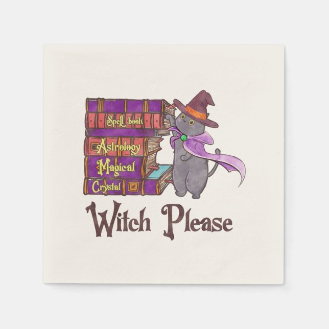 Cute Witch Cat with Books – “Witch Please” Napkin (Front)