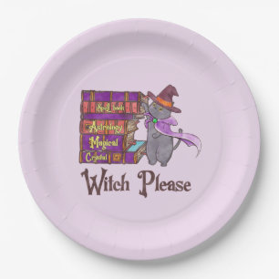 Cute Witch Cat with Books – “Witch Please” Paper Plate