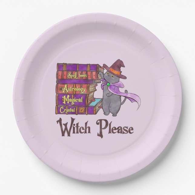 Cute Witch Cat with Books – “Witch Please” Paper Plate (Front)