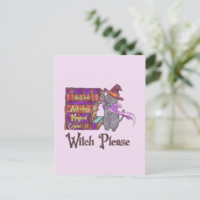 Cute Witch Cat with Books – “Witch Please” Postcard (Standing Front)