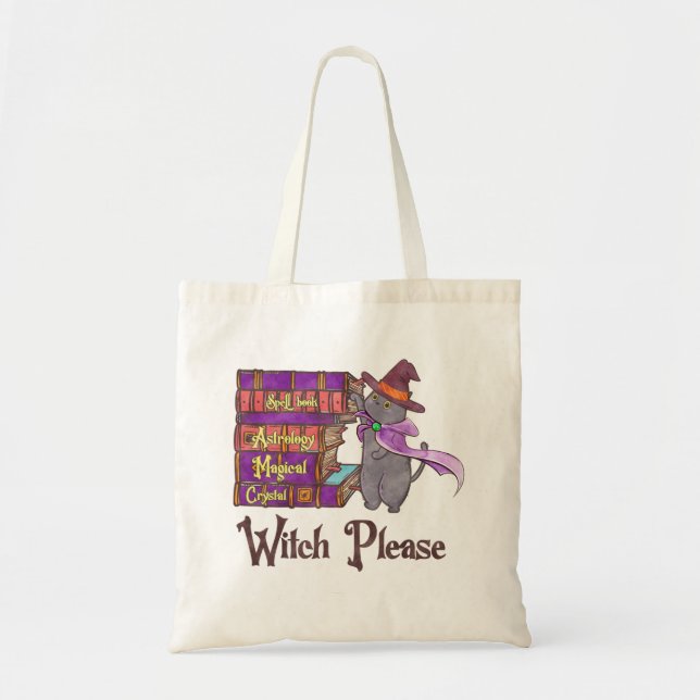 Cute Witch Cat with Books – “Witch Please” Tote Bag (Front)