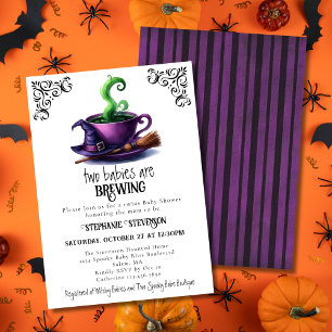Cute Witch Coffee Cup Halloween Twins Baby Shower Invitation