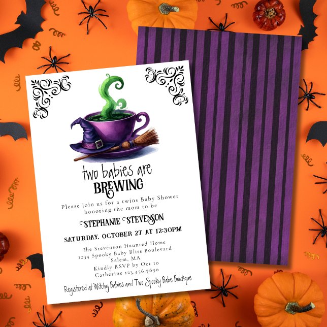 Cute Witch Coffee Cup Halloween Twins Baby Shower Invitation (Creator Uploaded)