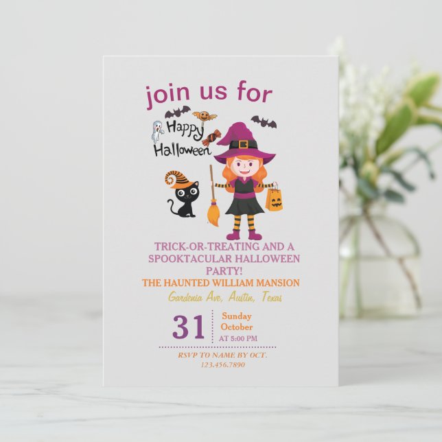 Cute Witch Costume Halloween Party For Kids Invitation (Standing Front)