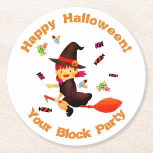 Cute Witch Flying on her Broom Halloween Round Paper Coaster