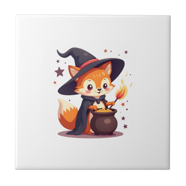 Cute Witch Fox � Magical Halloween Animal Tee Ceramic Tile (Front)
