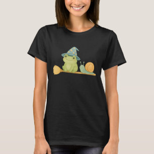 Cute Witch Frog On Broom with Snail Halloween T-Shirt